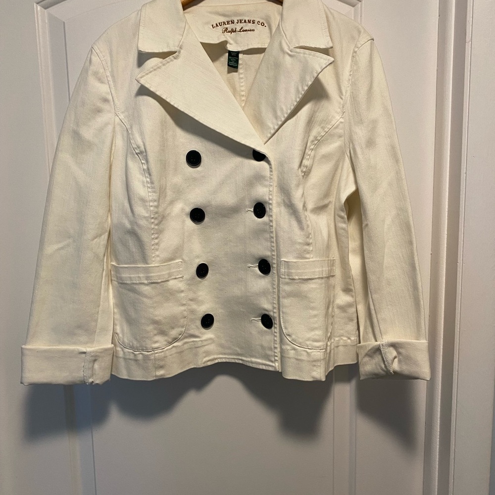 Ralph Lauren off white double breasted jean jacket with Notched Lapels